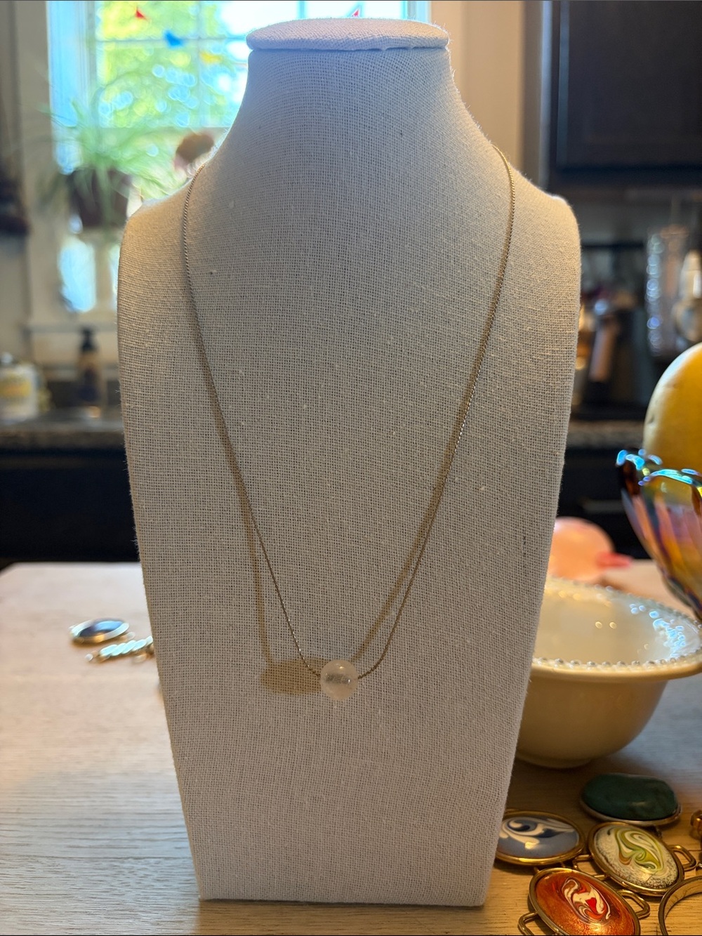 ZAO | Delicate Silver Tone Chain Necklace with Single White Gemstone Pendant